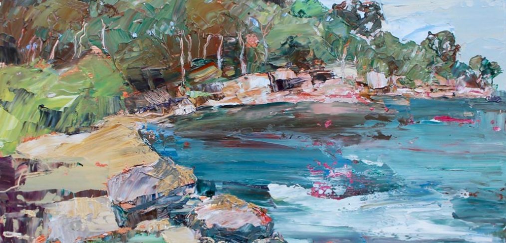 an abstract oil painting of Berry's Bay with blue sea and sandstone and gum trees in the distance in Australia