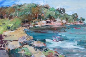 an abstract oil painting of Berry's Bay with blue sea and sandstone and gum trees in the distance in Australia