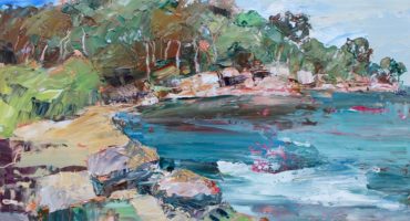 an abstract oil painting of Berry's Bay with blue sea and sandstone and gum trees in the distance in Australia